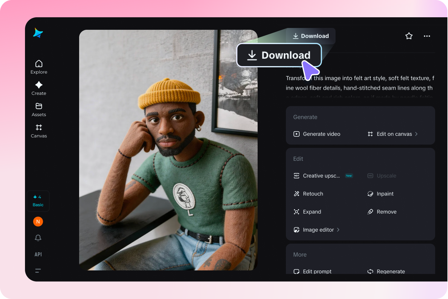 Salva l'immagine in feltro generata dall'IA da Dreamina
