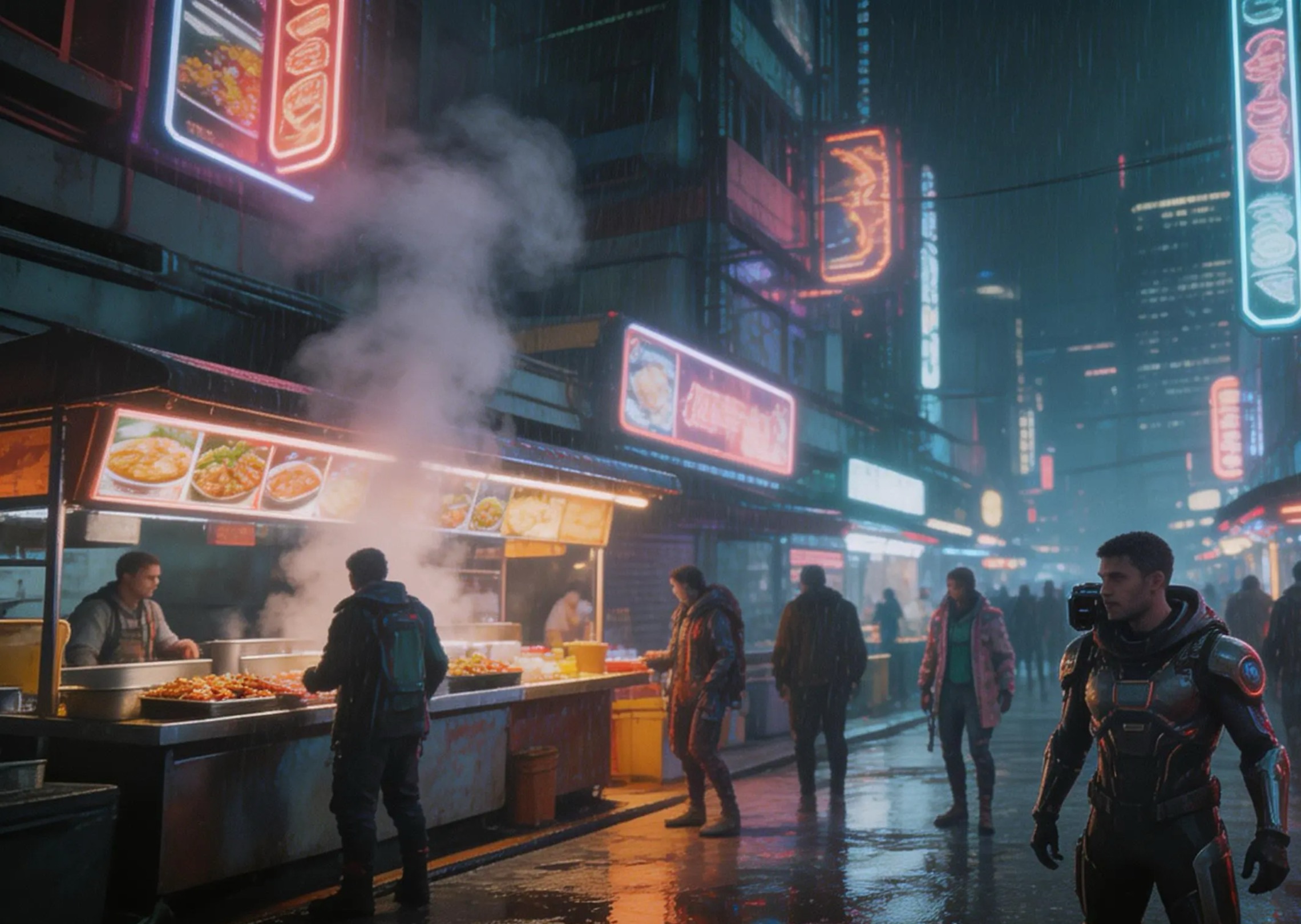 A cyberpunk street market at night