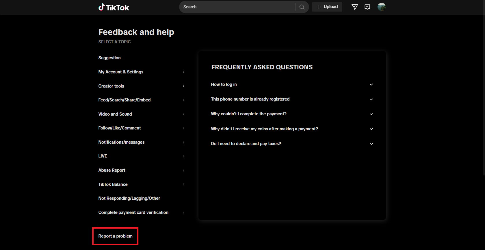 Välj alternativet för att rapportera ett problem