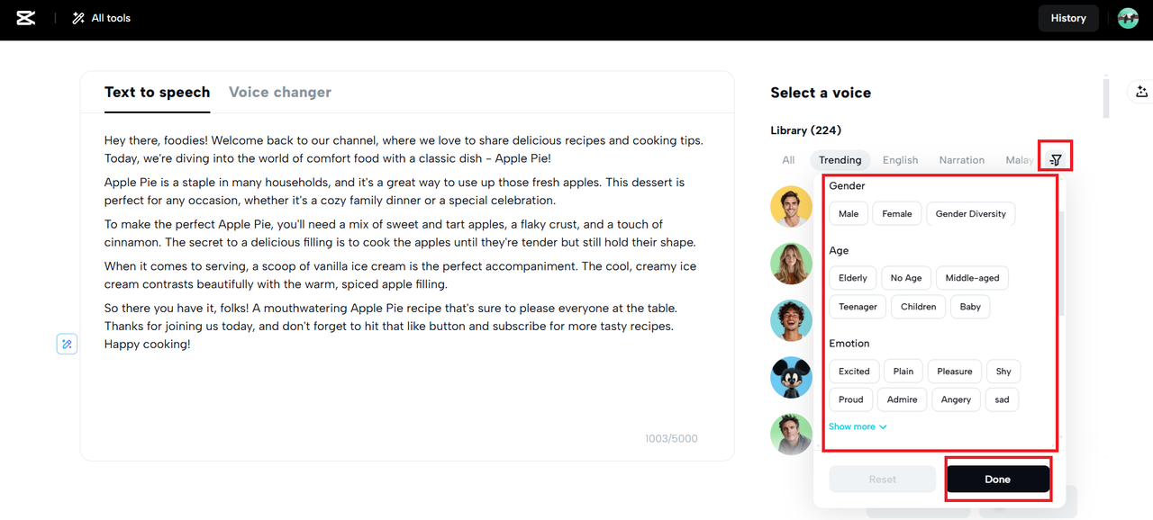 Apply filters to find the perfect voice