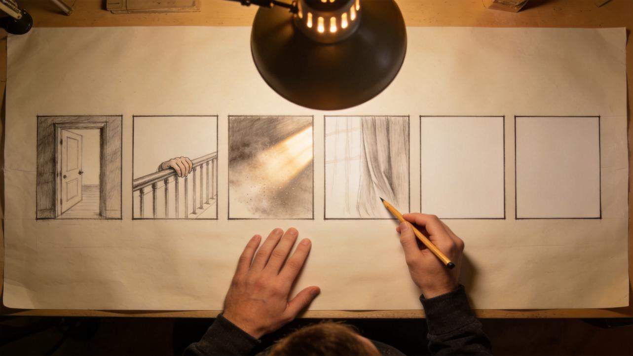 Hands sketch a storyboard with six panels under a desk lamp