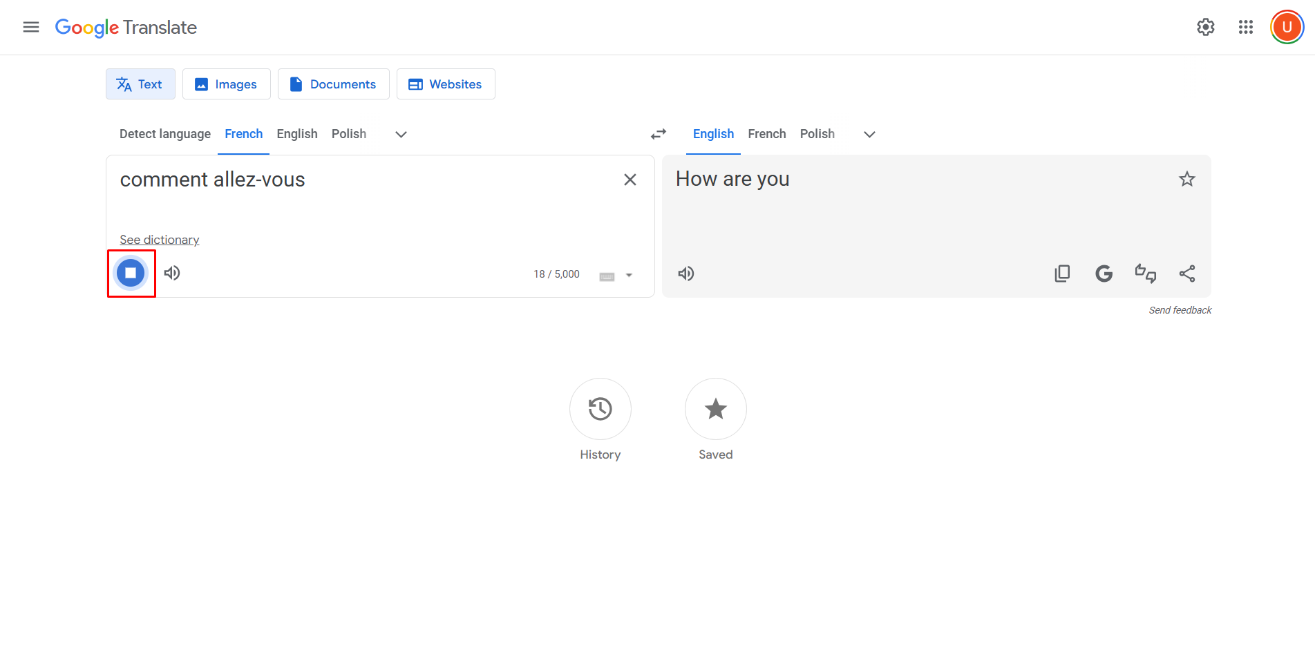 Doing voice translation of French to English on Google Translate