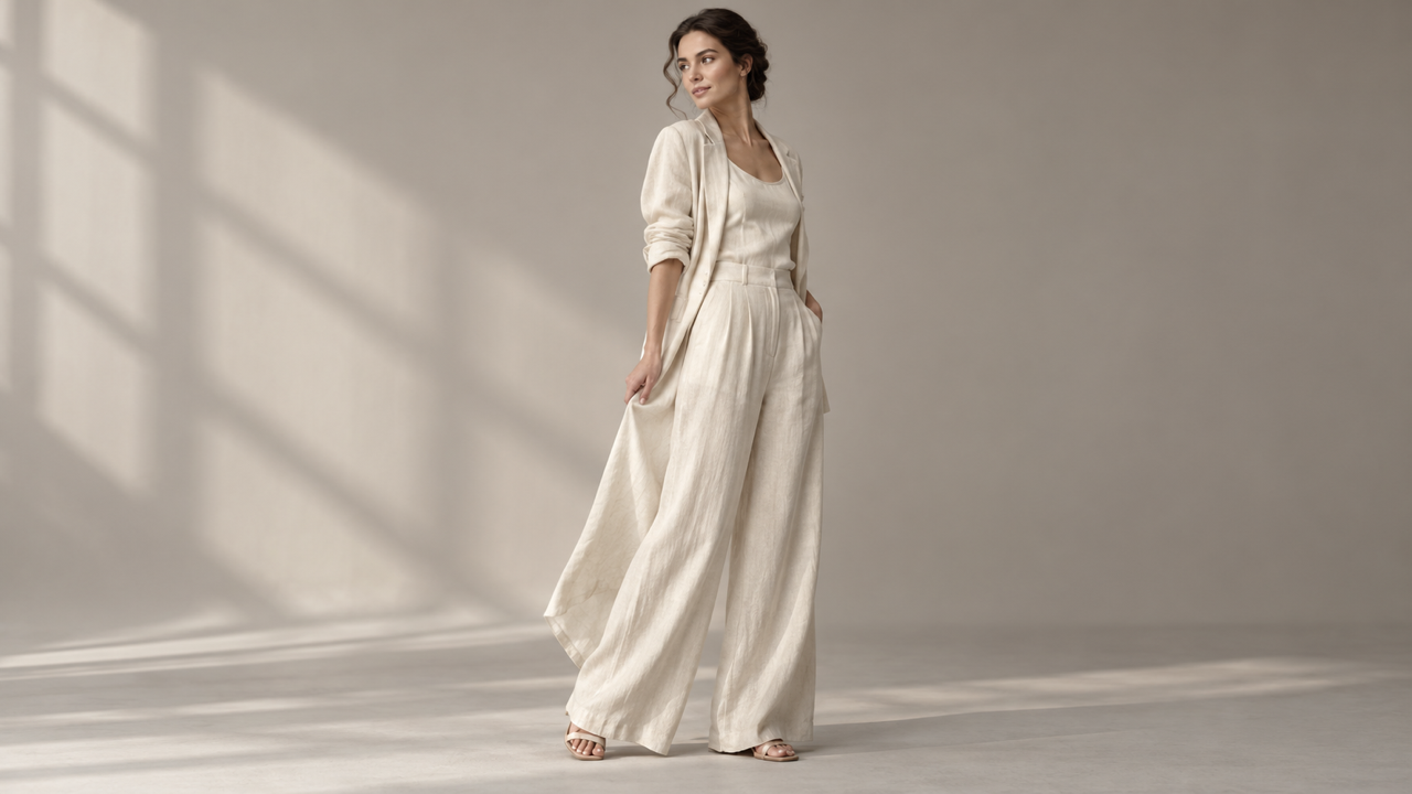 Consenting adult woman in an ivory linen outfit, full body making a subtle quarter-turn and gentle fabric gesture in a minimalist warm-gray fashion studio, soft editorial side lighting.