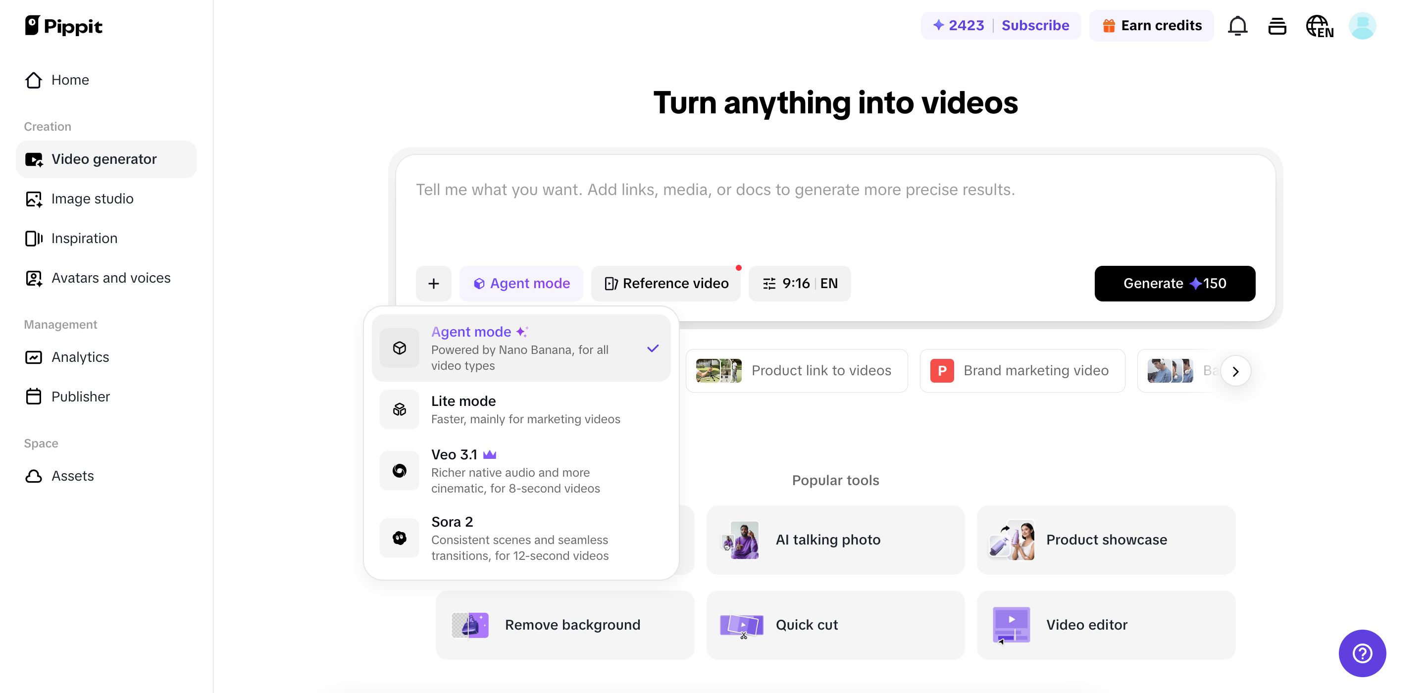 Escreva o prompt e escolha o modo