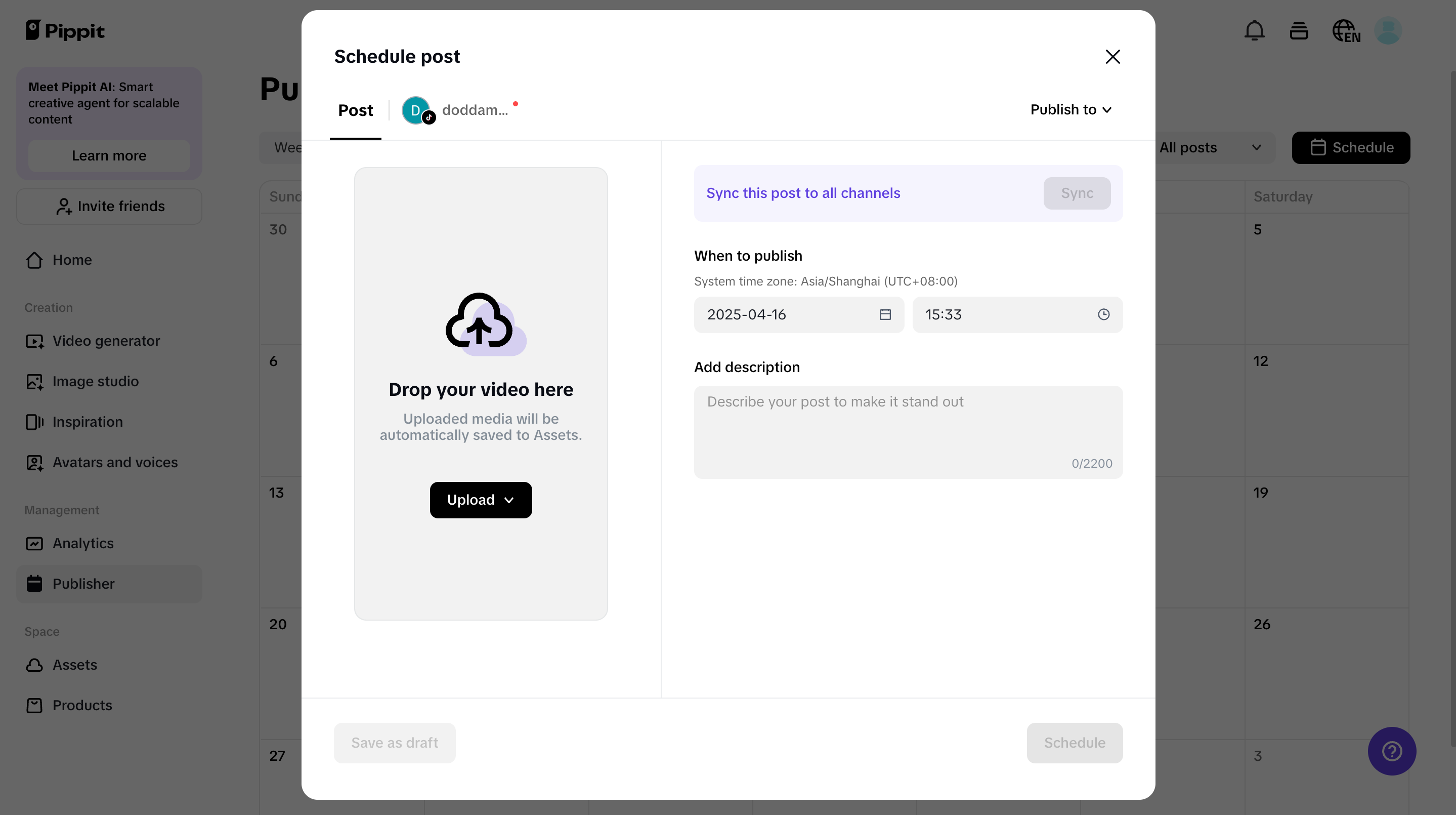 uploading post to Pippit publisher