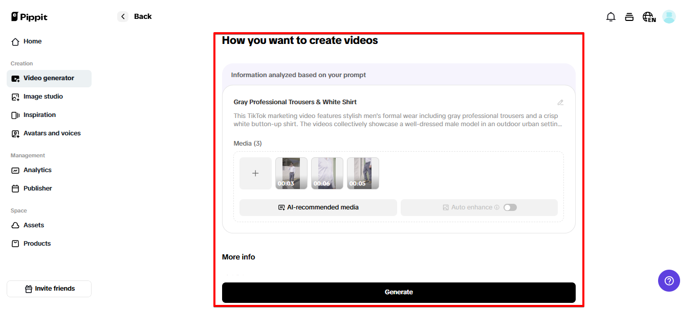 Gerar vídeos com o Pippit