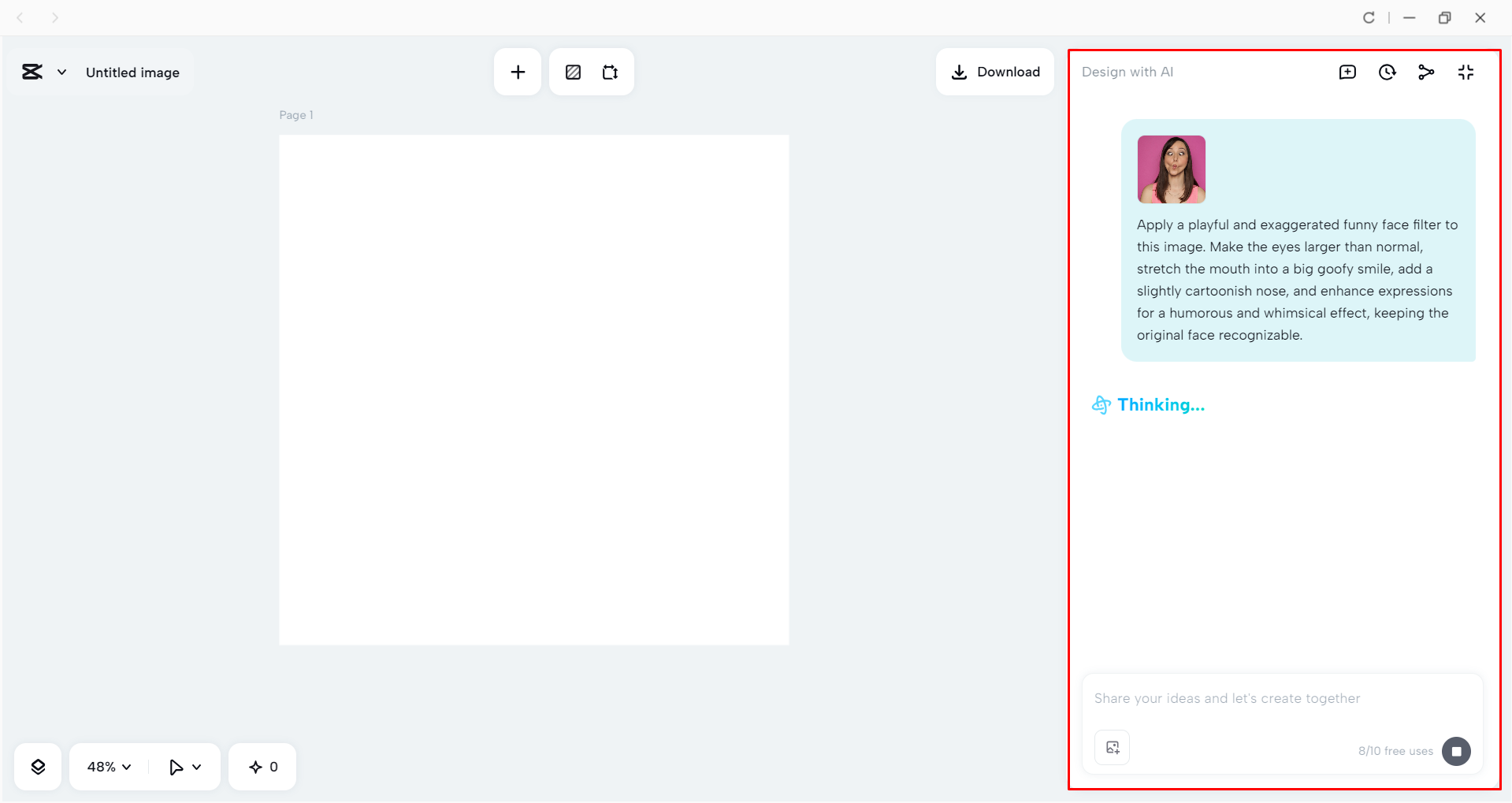 Generating an image with funny filter using CapCut's AI design