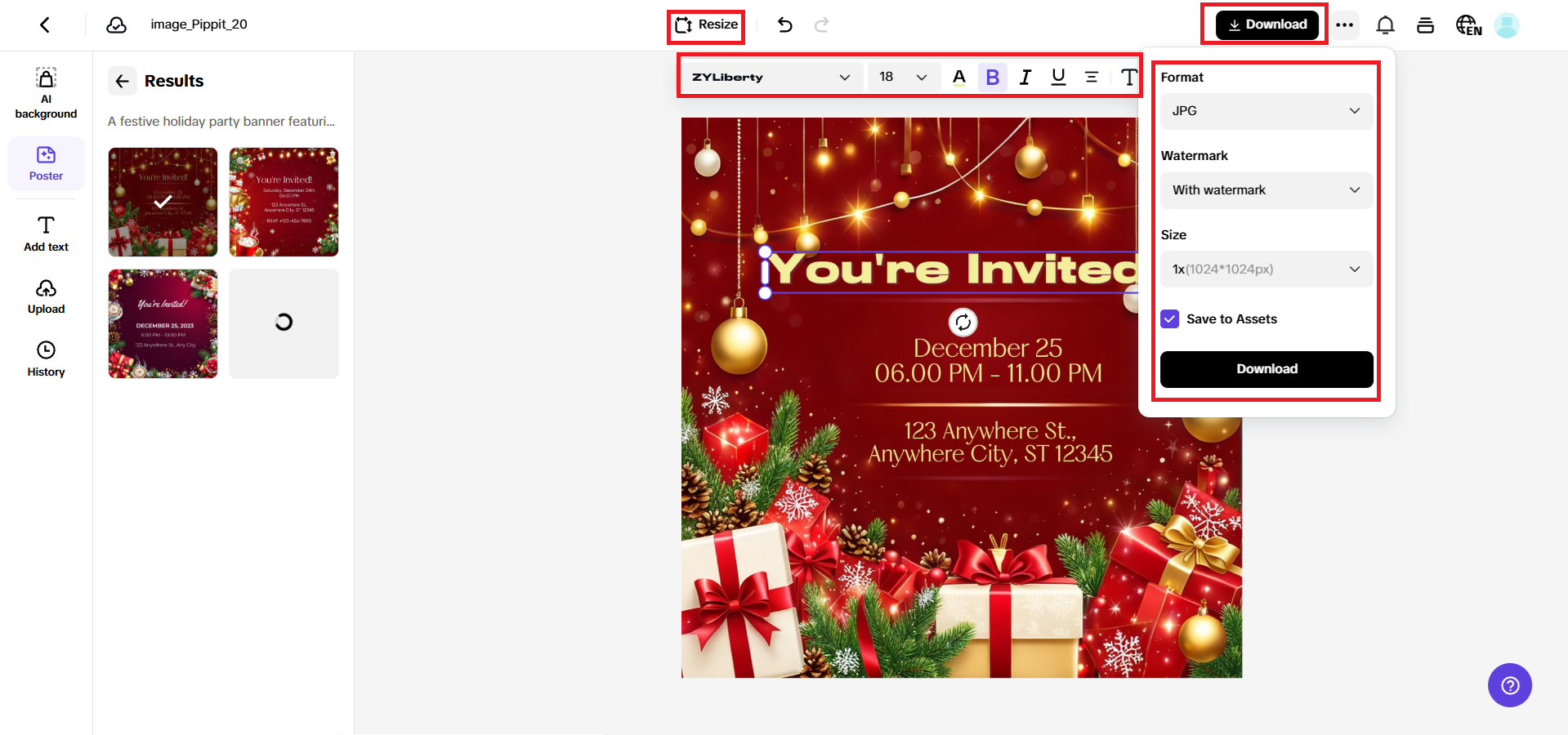 Select, edit text, and download your poster