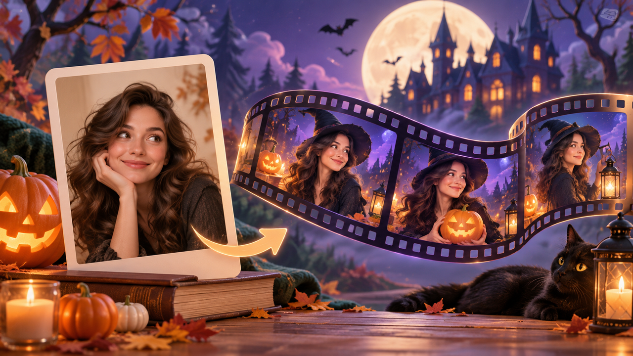 A portrait card, pumpkins and moonlit Halloween film frames