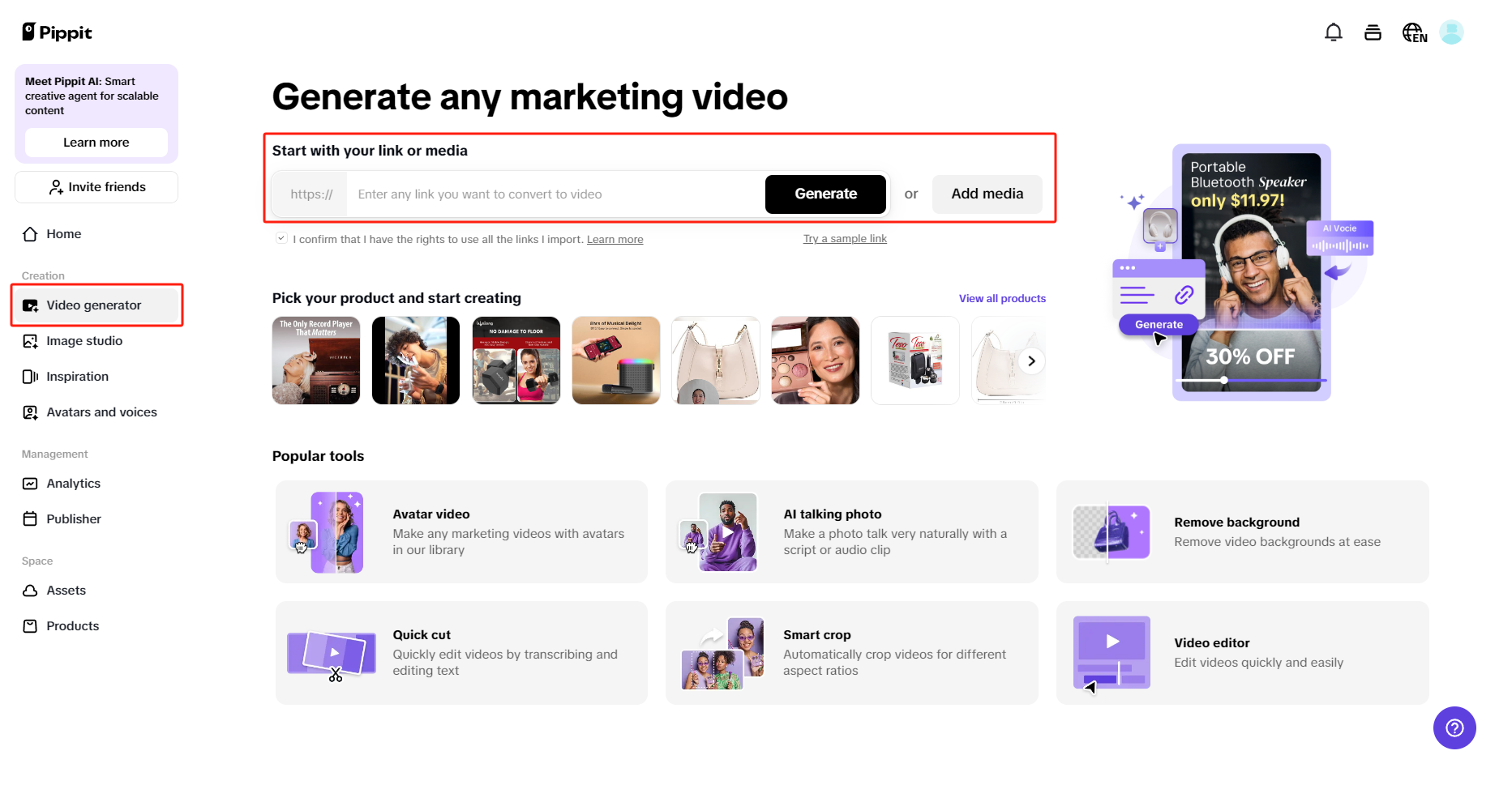Entering either the product link or media and then hit on Generate