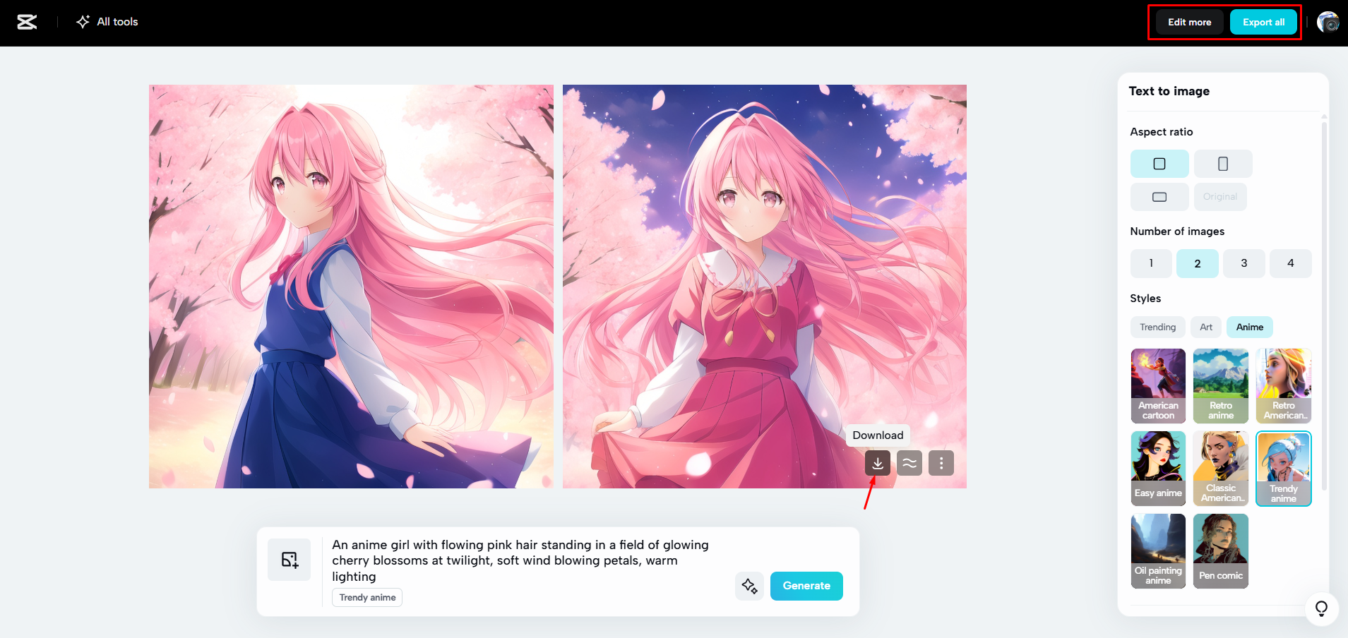 Downloading an image from CapCut Web