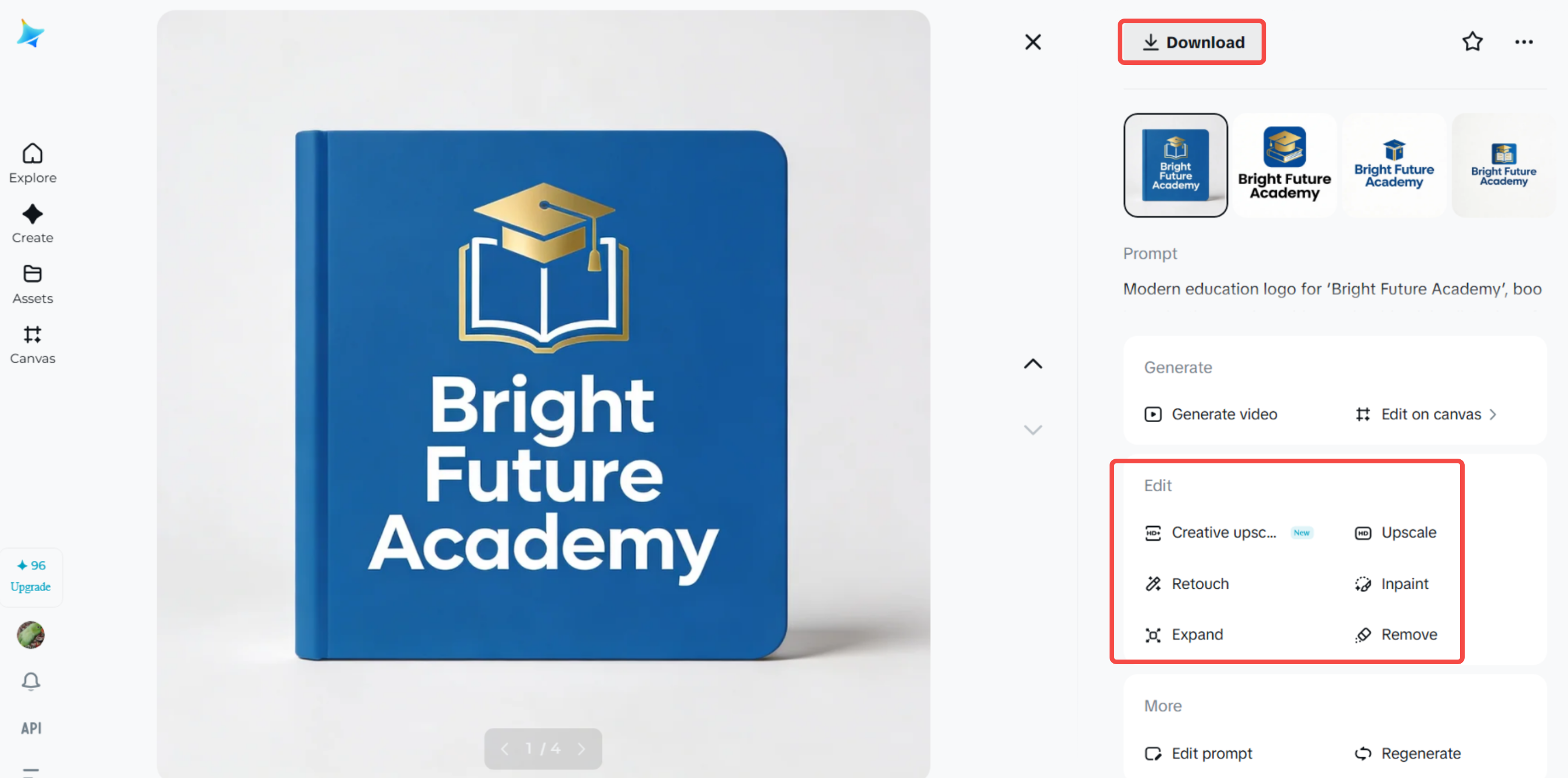 Finalizing and downloading the education logo from Dreamina