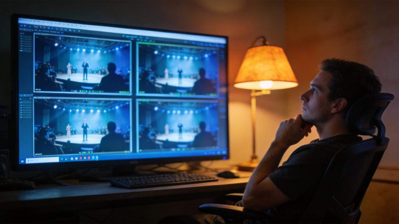 Man editing four camera angles on a large monitor in a dimly lit room
