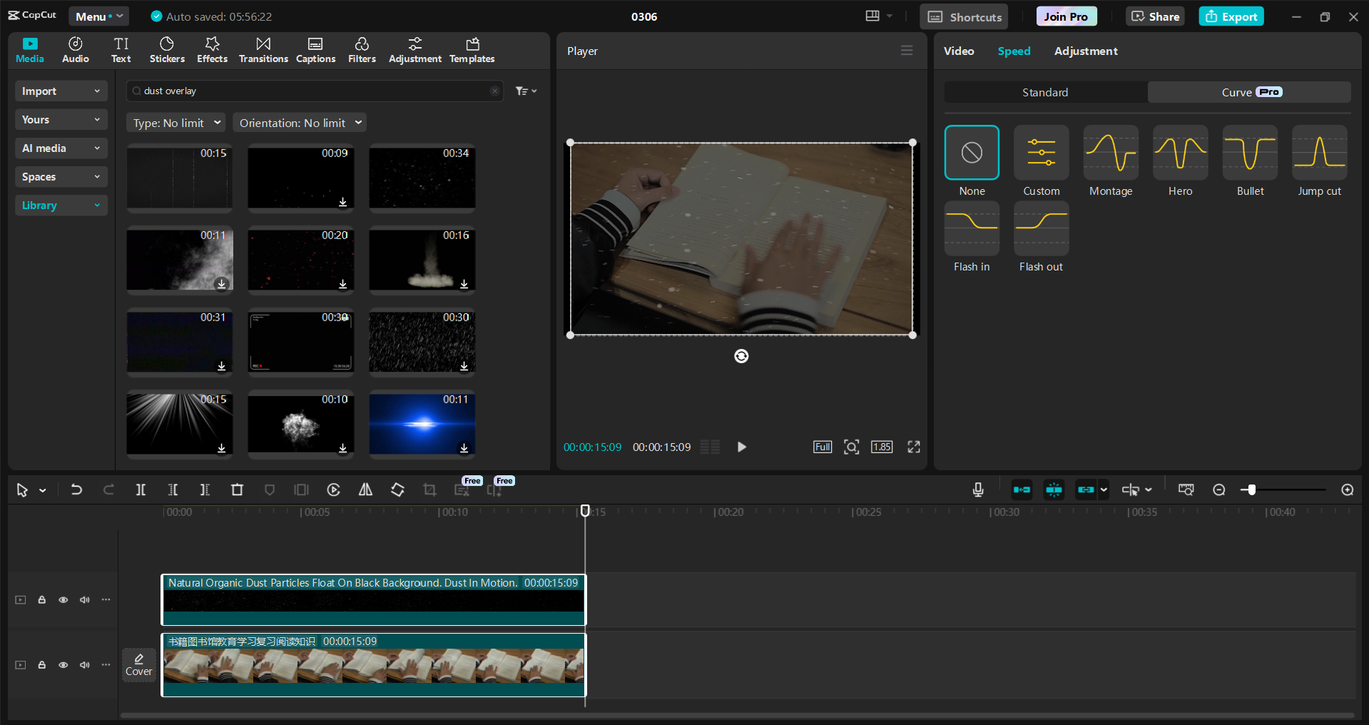 Interface of the CapCut desktop video editor - an ideal tool to get and edit dust and scratches overlays