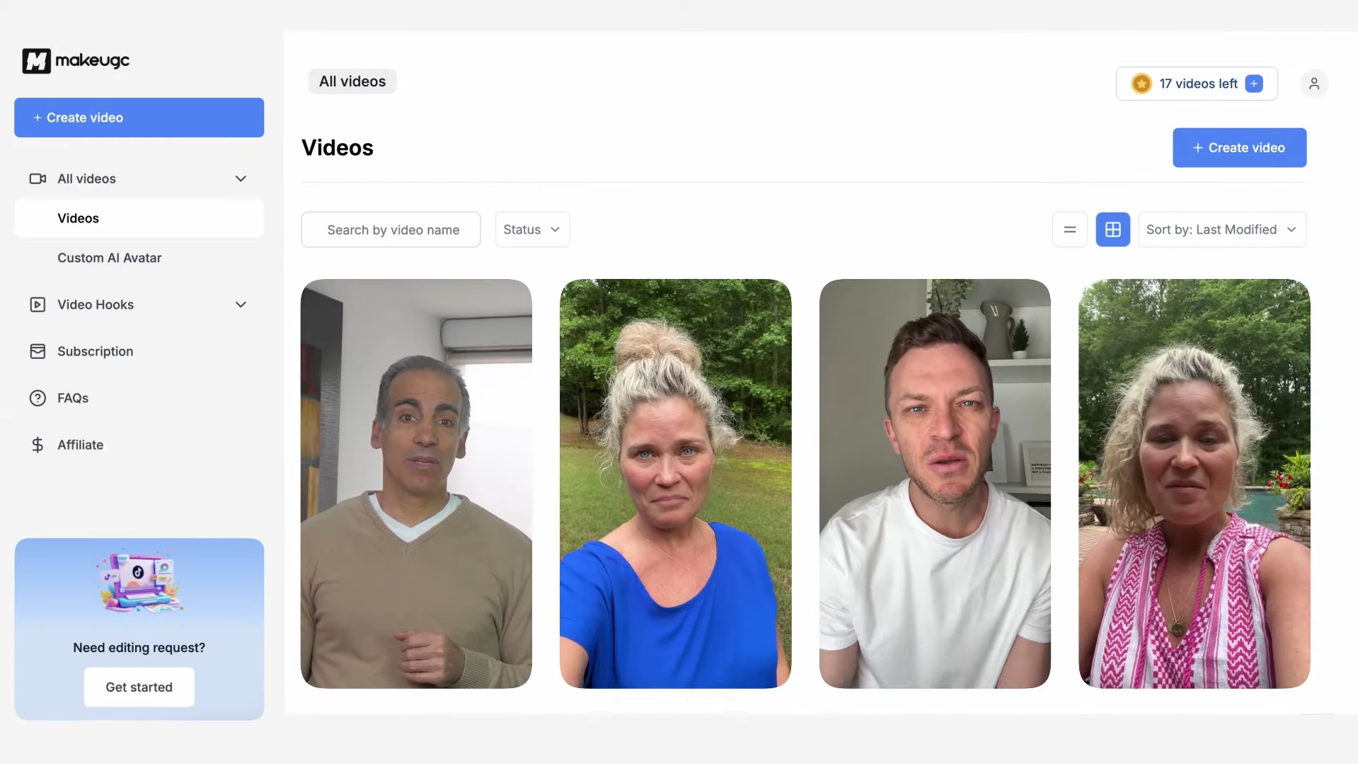 Interface of MakeUGC - a trusted platform to create ugc ai videos