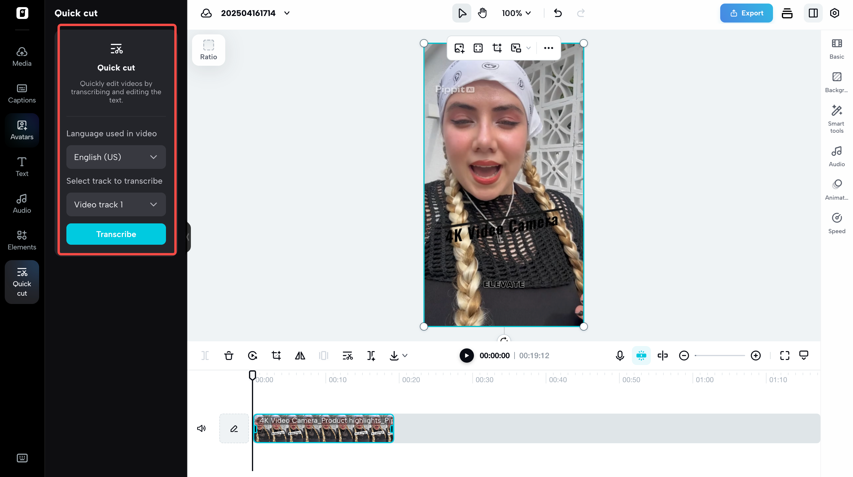 Transcribe in Pippit