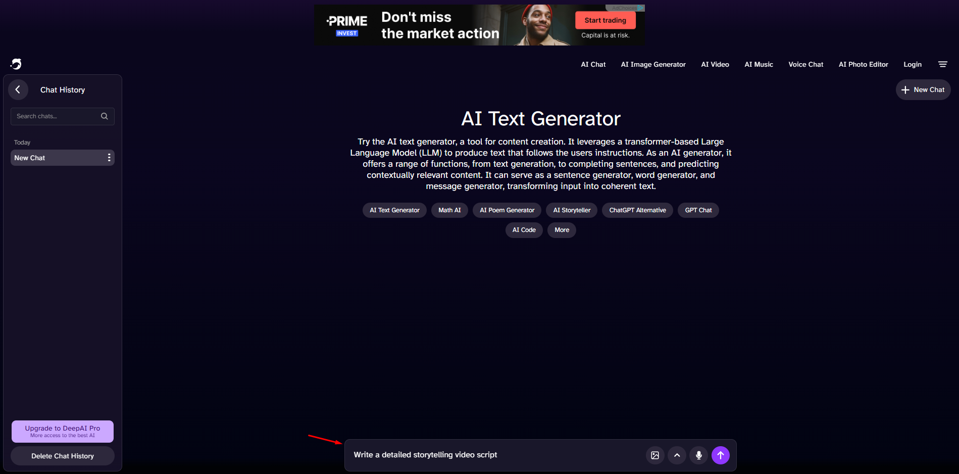 Entering a text prompt in the DeepAI text generator