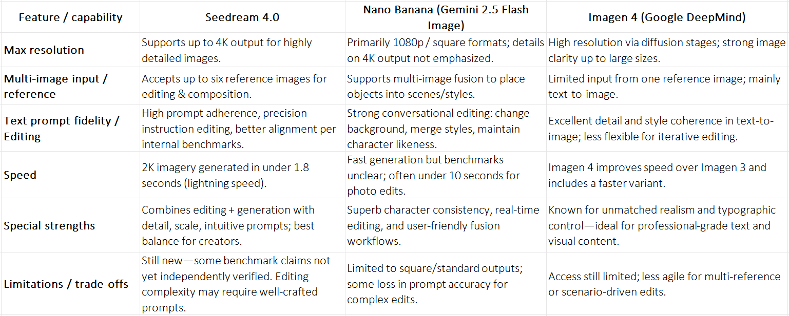 Seedream 4.0 vs Nano Banana vs Imagen