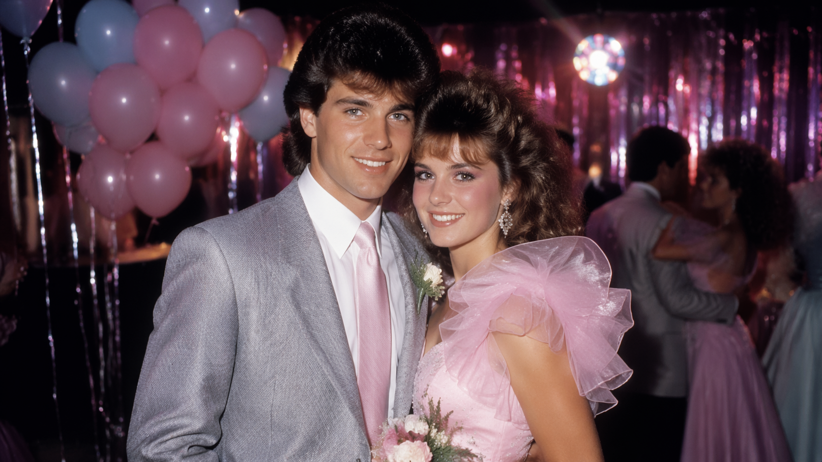 Dreamina 1980s Prom Photo Filter prompt Beispiel 5: Neon Gym Prom Night
