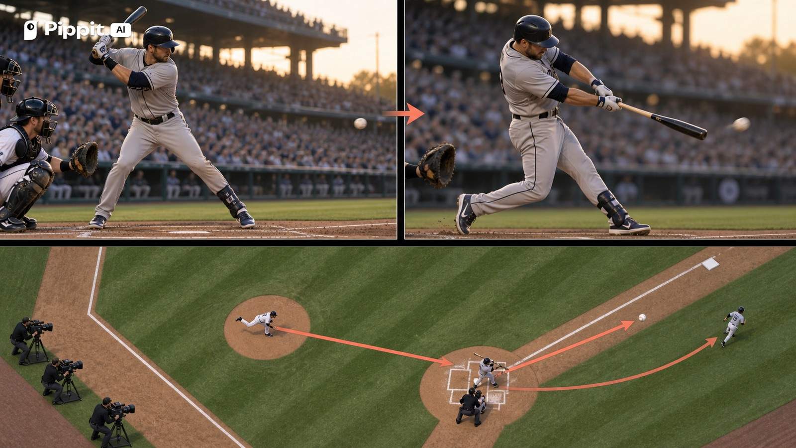 Two baseball swing frames sit above an overhead diamond with cameras and motion paths.