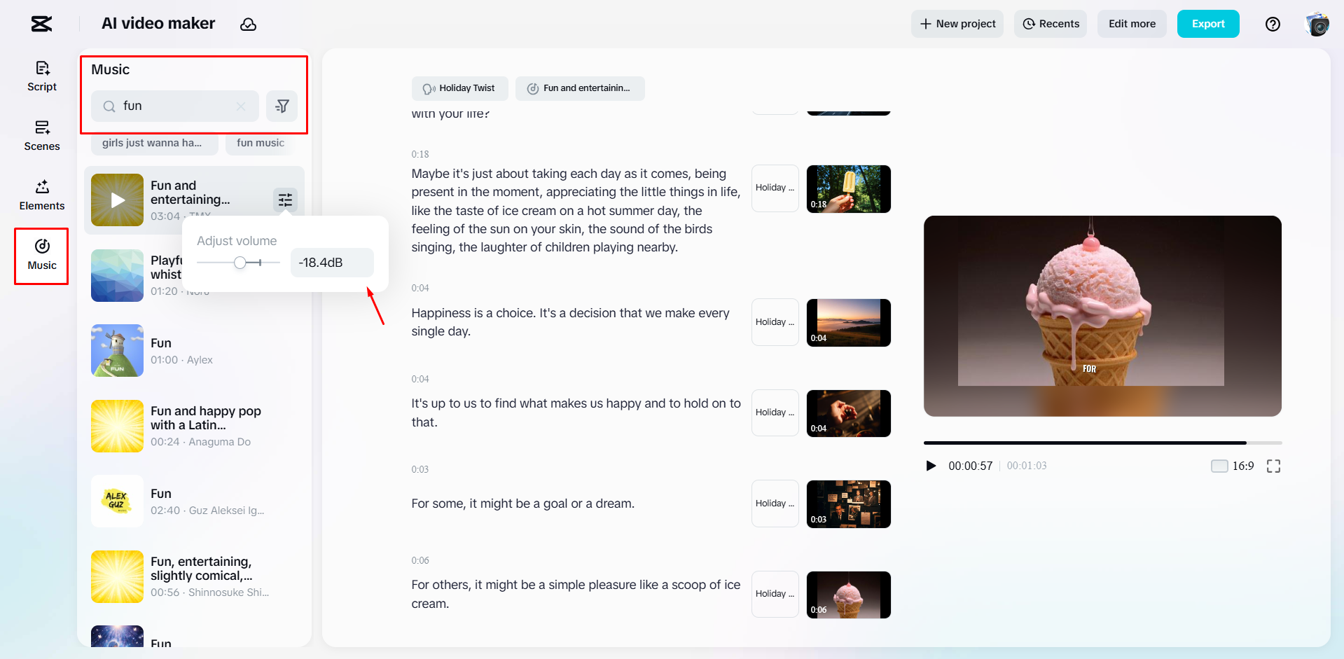 Adding music to a video with CapCut's AI video maker