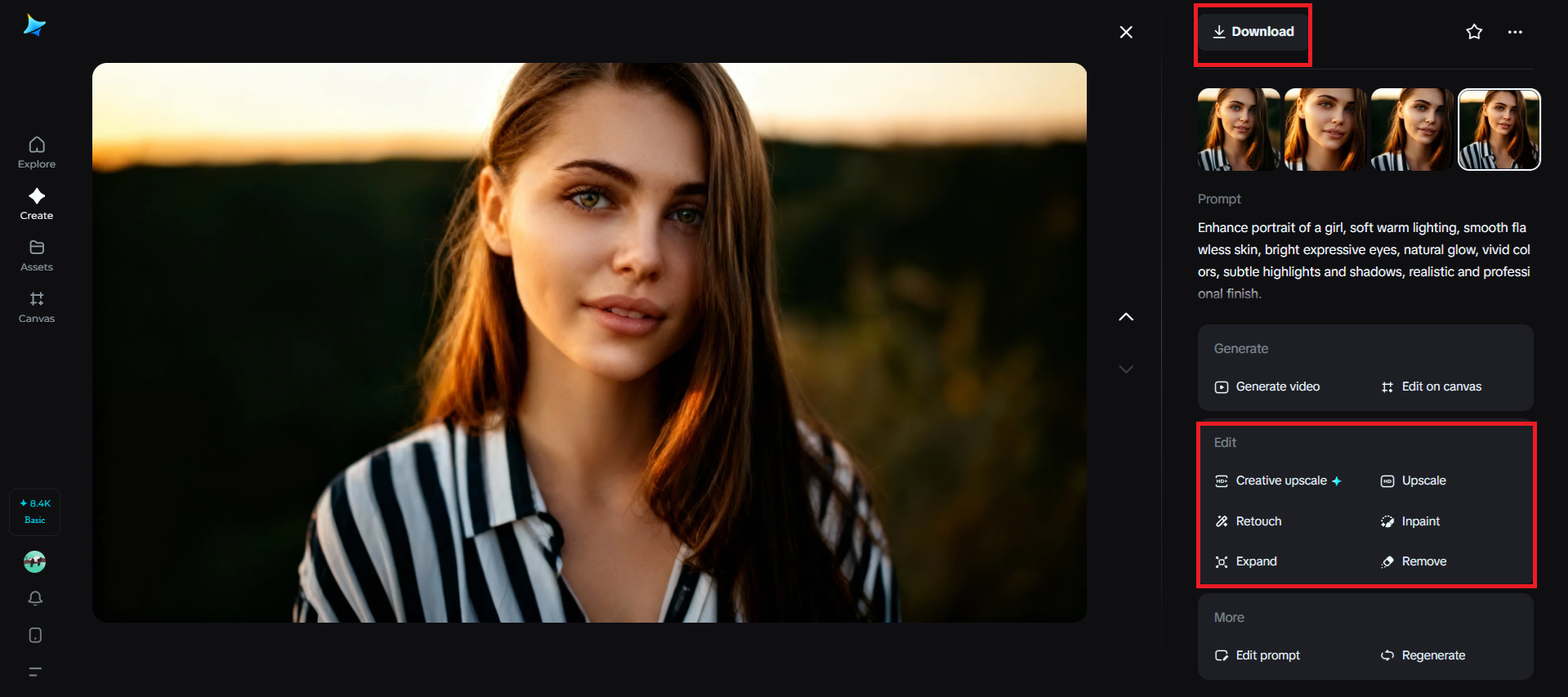 Choose edit and download your enhanced portrait
