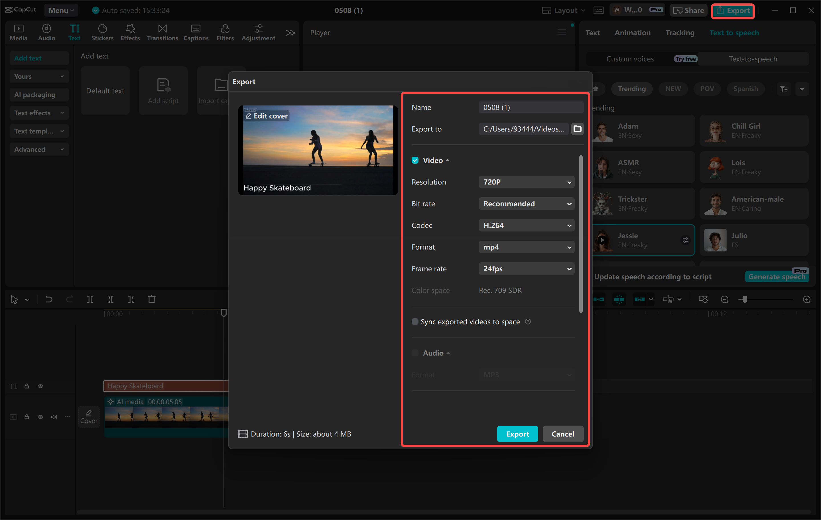 Esportazione di un video dall' CapCut editor video desktop