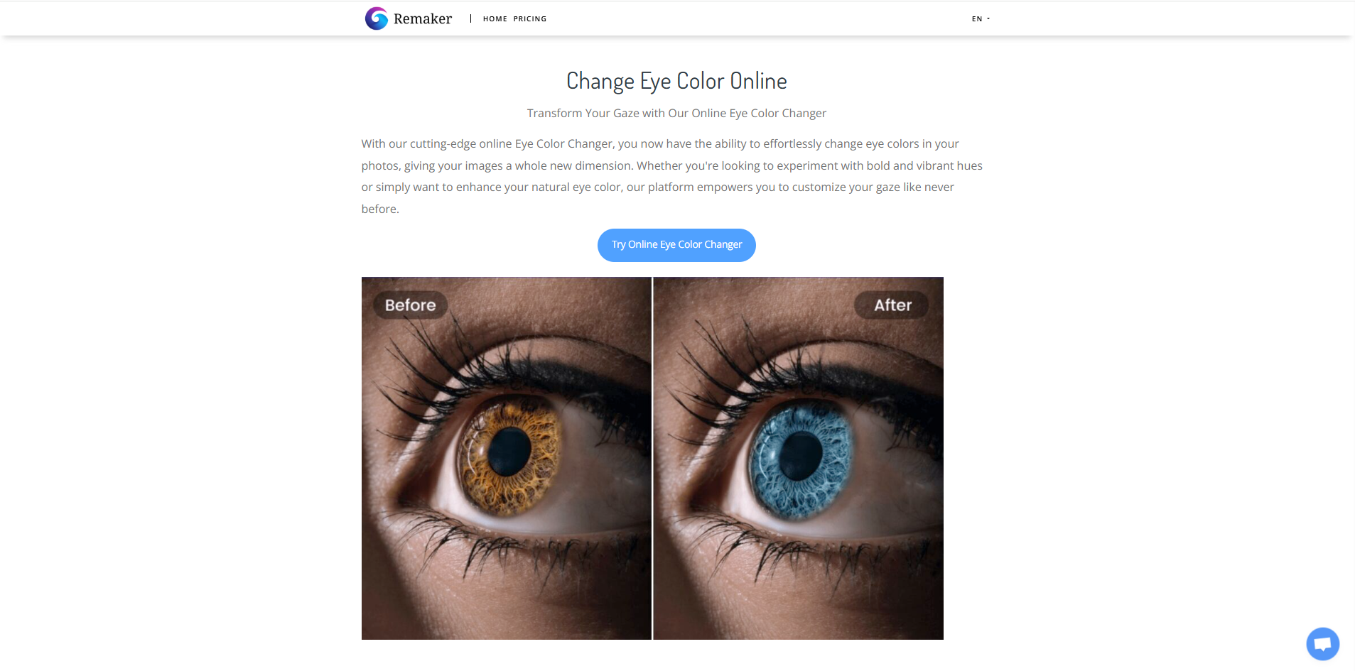 Interface de Remaker IA - une application en ligne pour changer la couleur des yeux