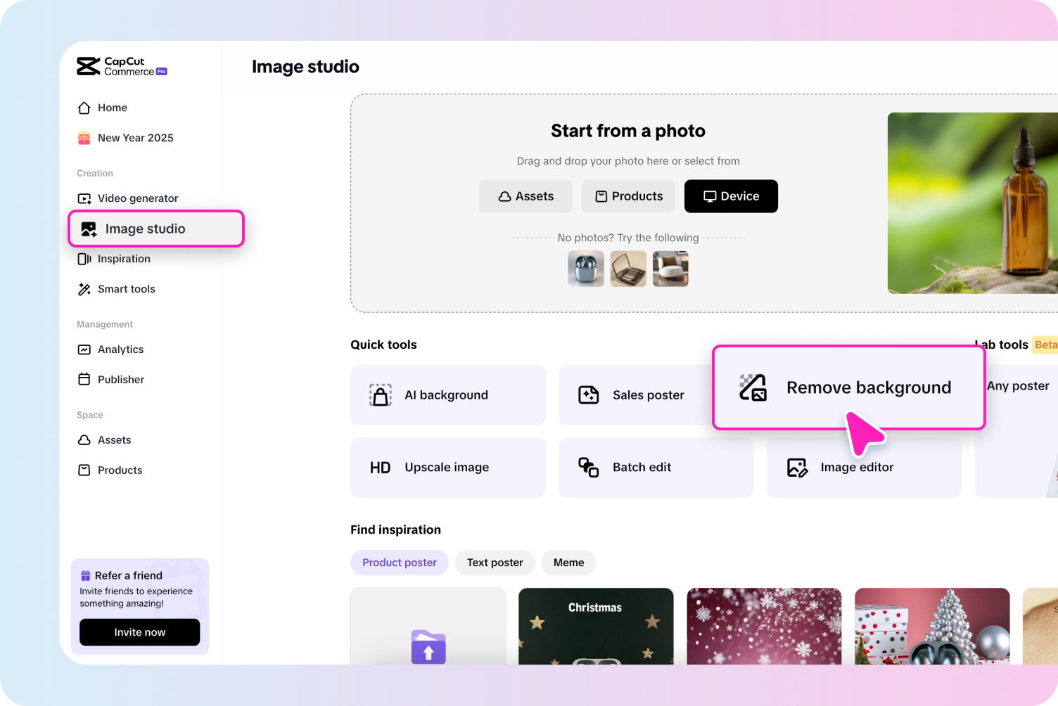 description=The Pippit dashboard interface, with an arrow pointing to the "Image Studio" button on the left menu. A pop-up or highlight shows the "Upscale Image" option.