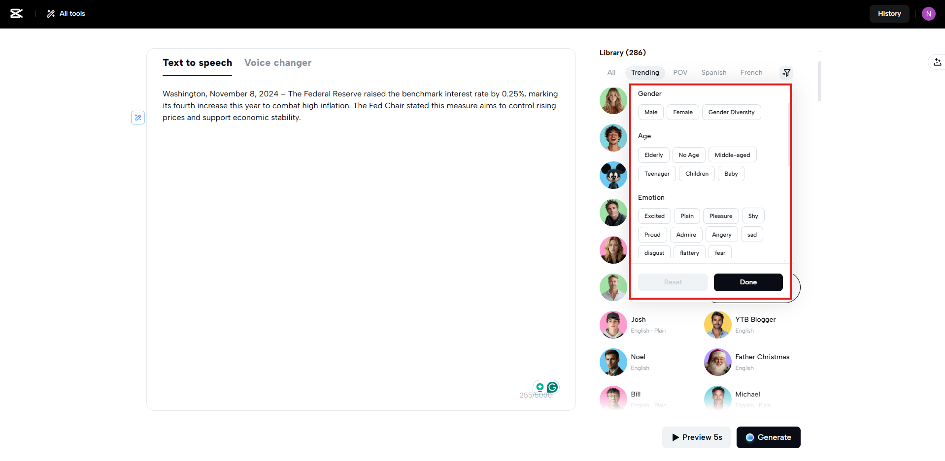 Daha hassas AI ses seçimi için filtreleri kullanın.