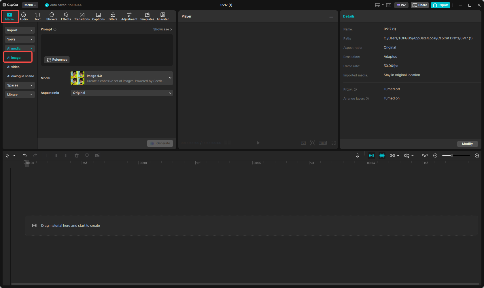 Accessing the AI image generator in the CapCut desktop video editor