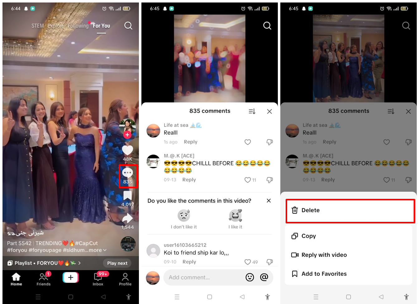 Interface showing how to delete a comment on TikTok