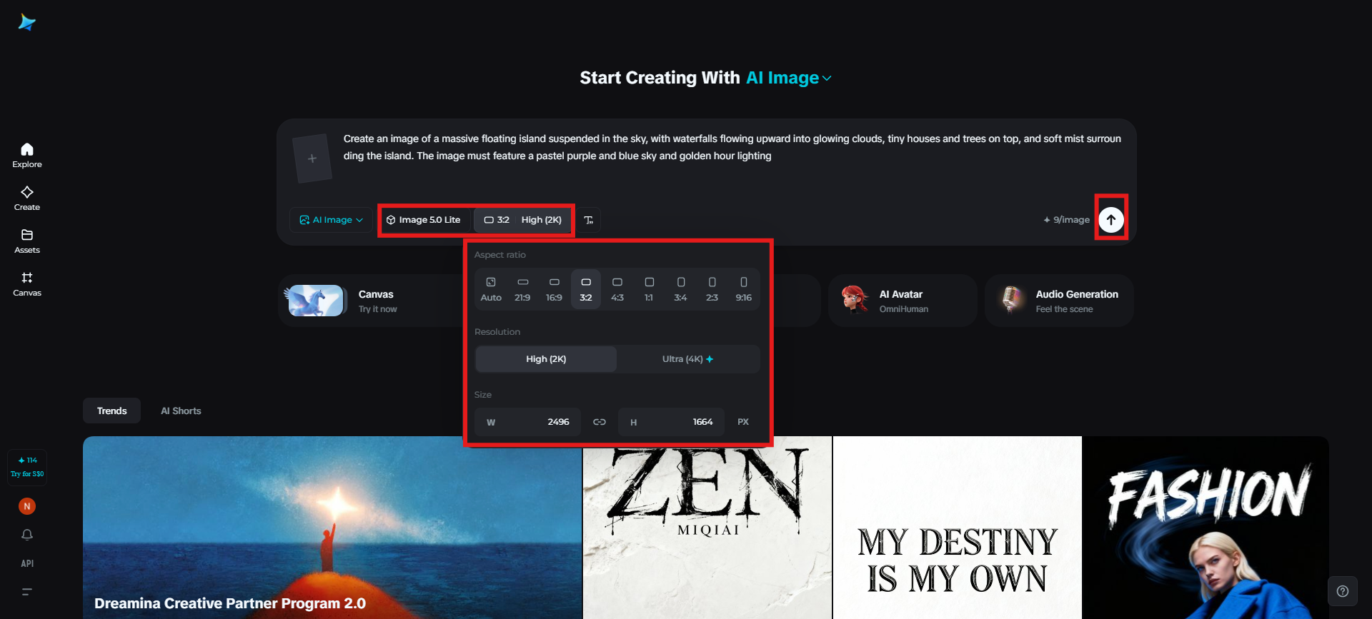 Select the image model and generate an image