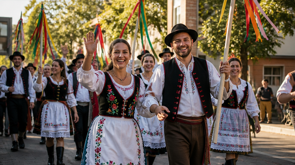 Preschool Folklore Day prompt example 3 - Group Finale With Families And Cheerful Music Energy