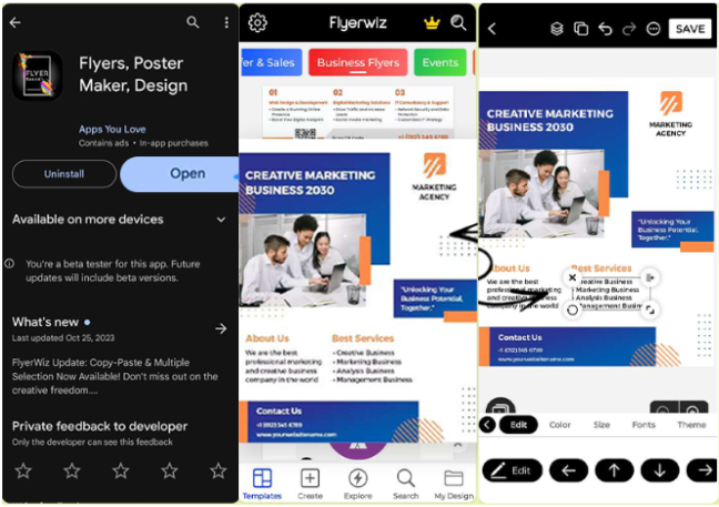 Flyer Maker Uygulaması ile iş için bir broşür yapmanın nasıl gösterileceği