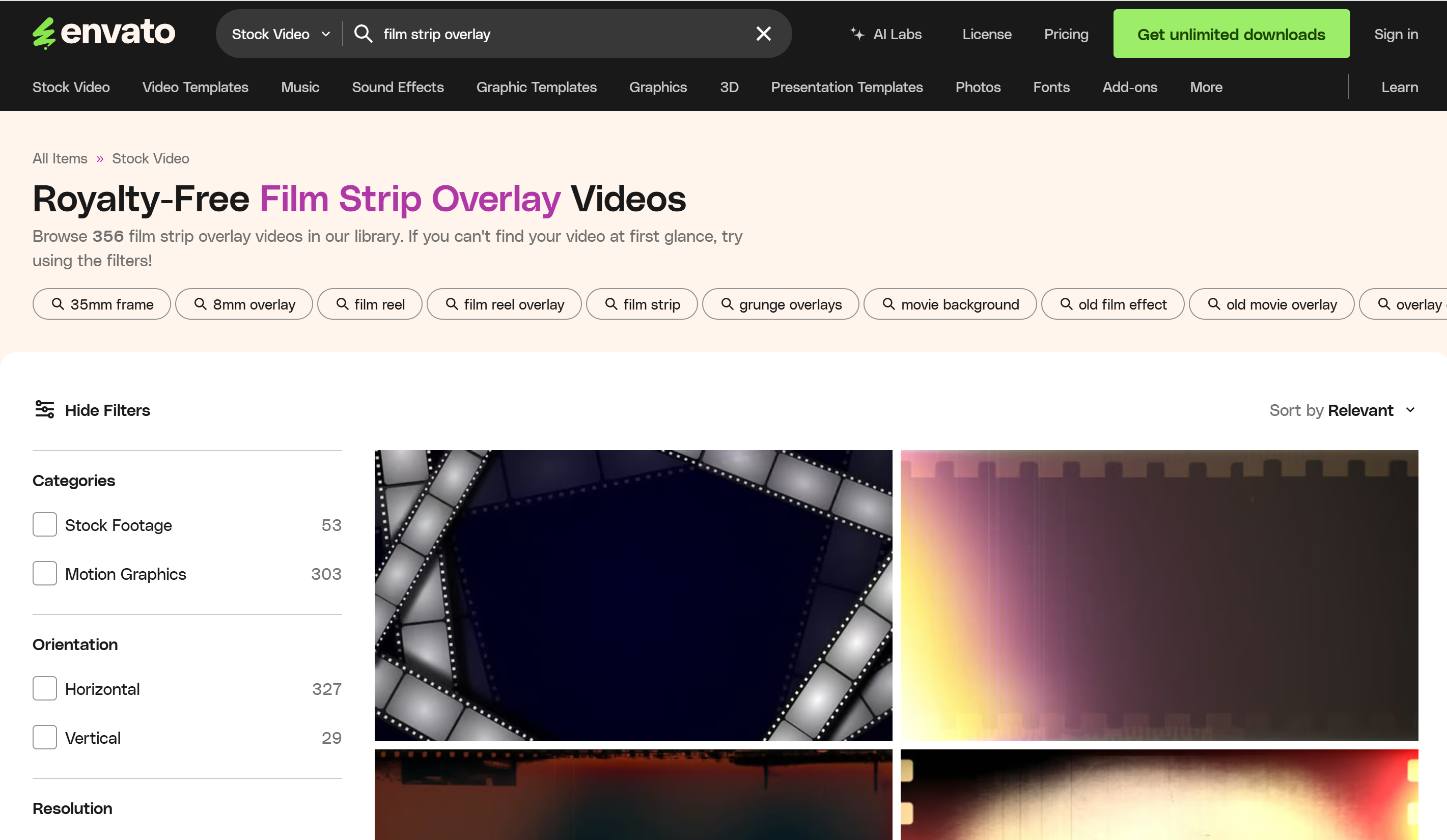 Top 5 websites to download film strip overlays: Envato Elements (Paid)