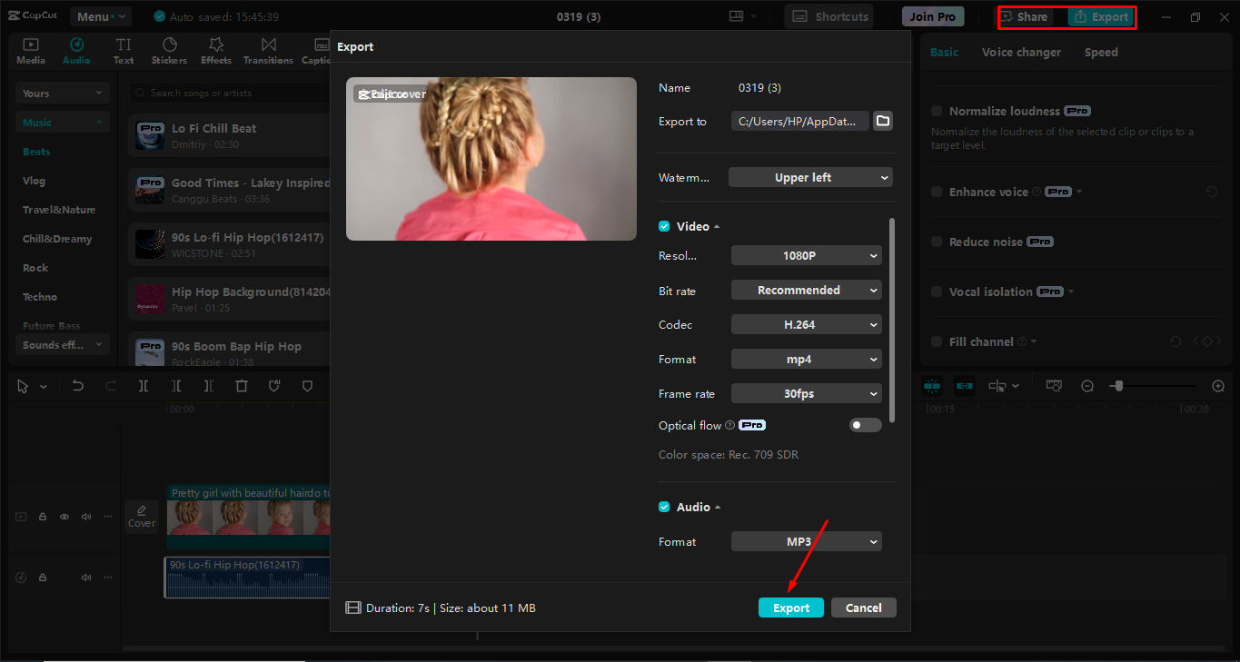 Exporting the video from the CapCut desktop video editor