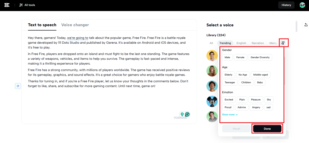 Käytä suodattimia löytääksesi täydelliset vocies