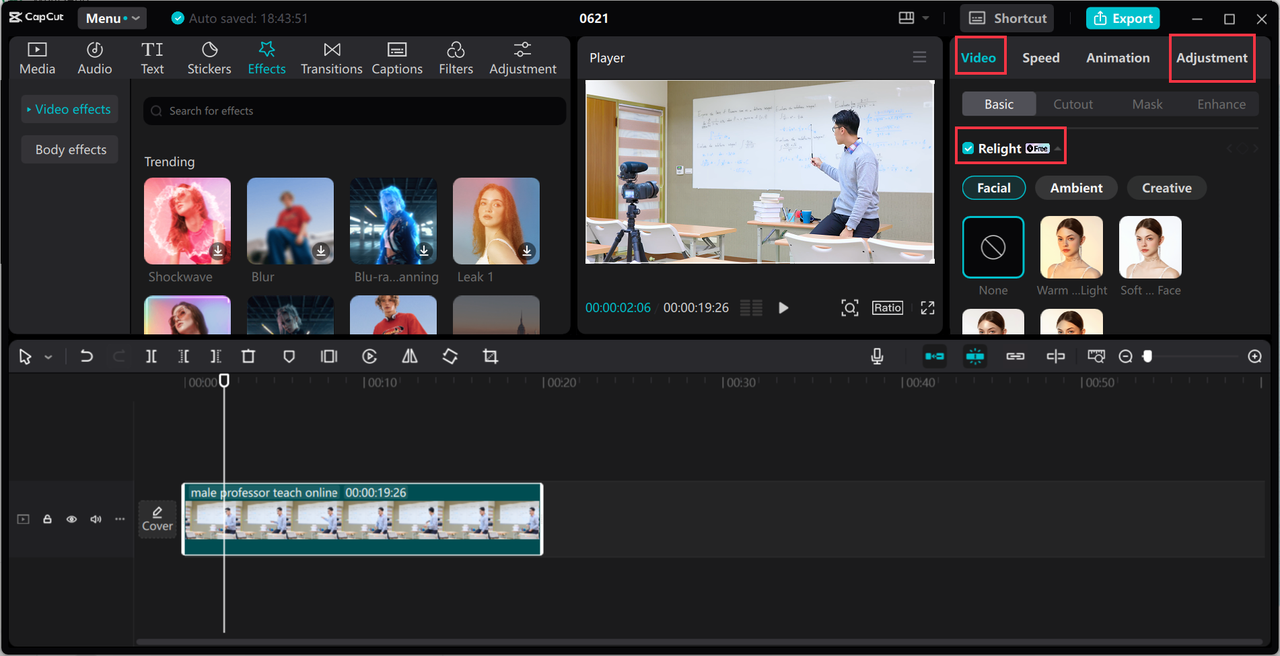 Enhancing the lighting of video using the CapCut desktop video editor