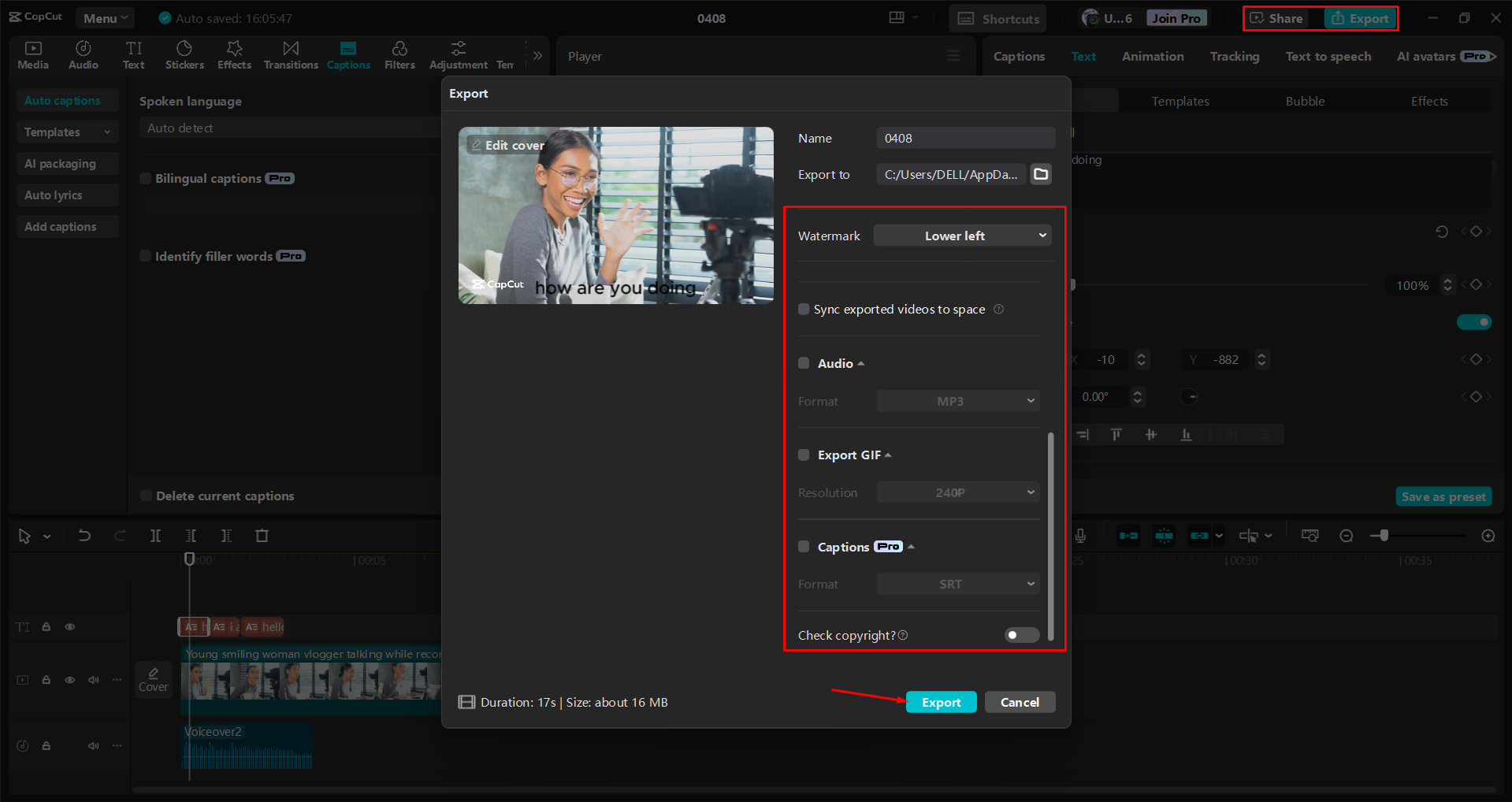 Exporting a video from the CapCut desktop video editor
