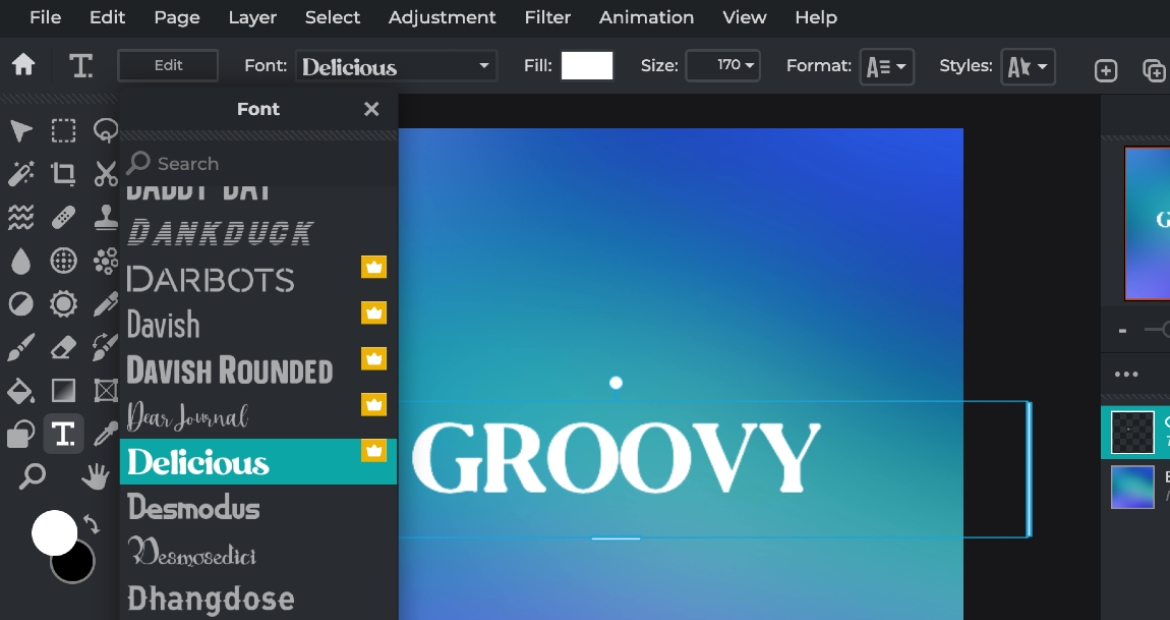 Interface of Pixlr - another tool to edit text in photos