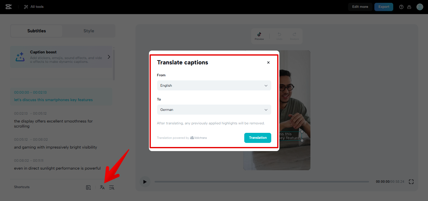 Translating subtitles in CapCut Web