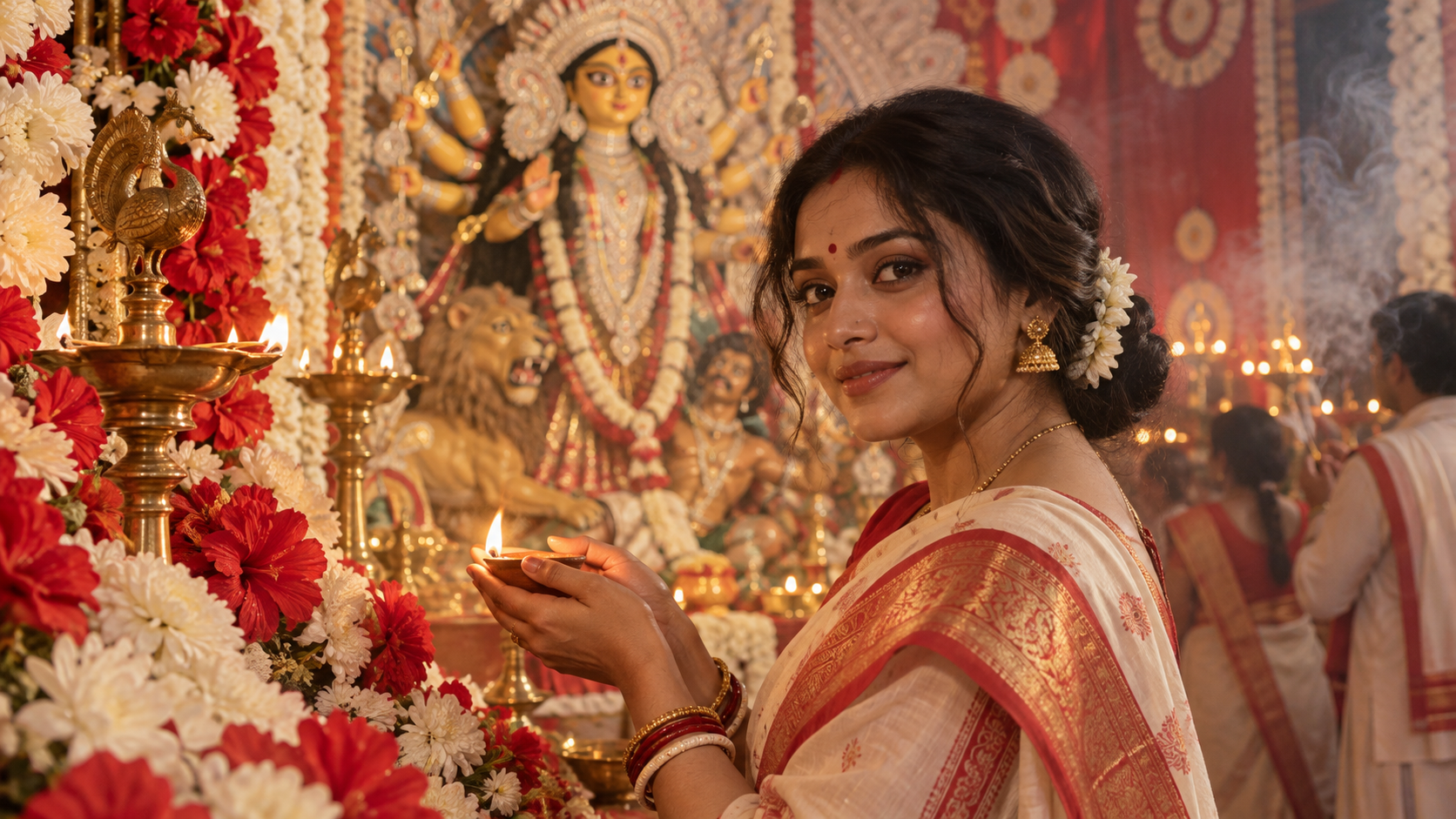 Offering Flowers in Soft Morning Light example for 10 viral durga puja ai photo editing prompts