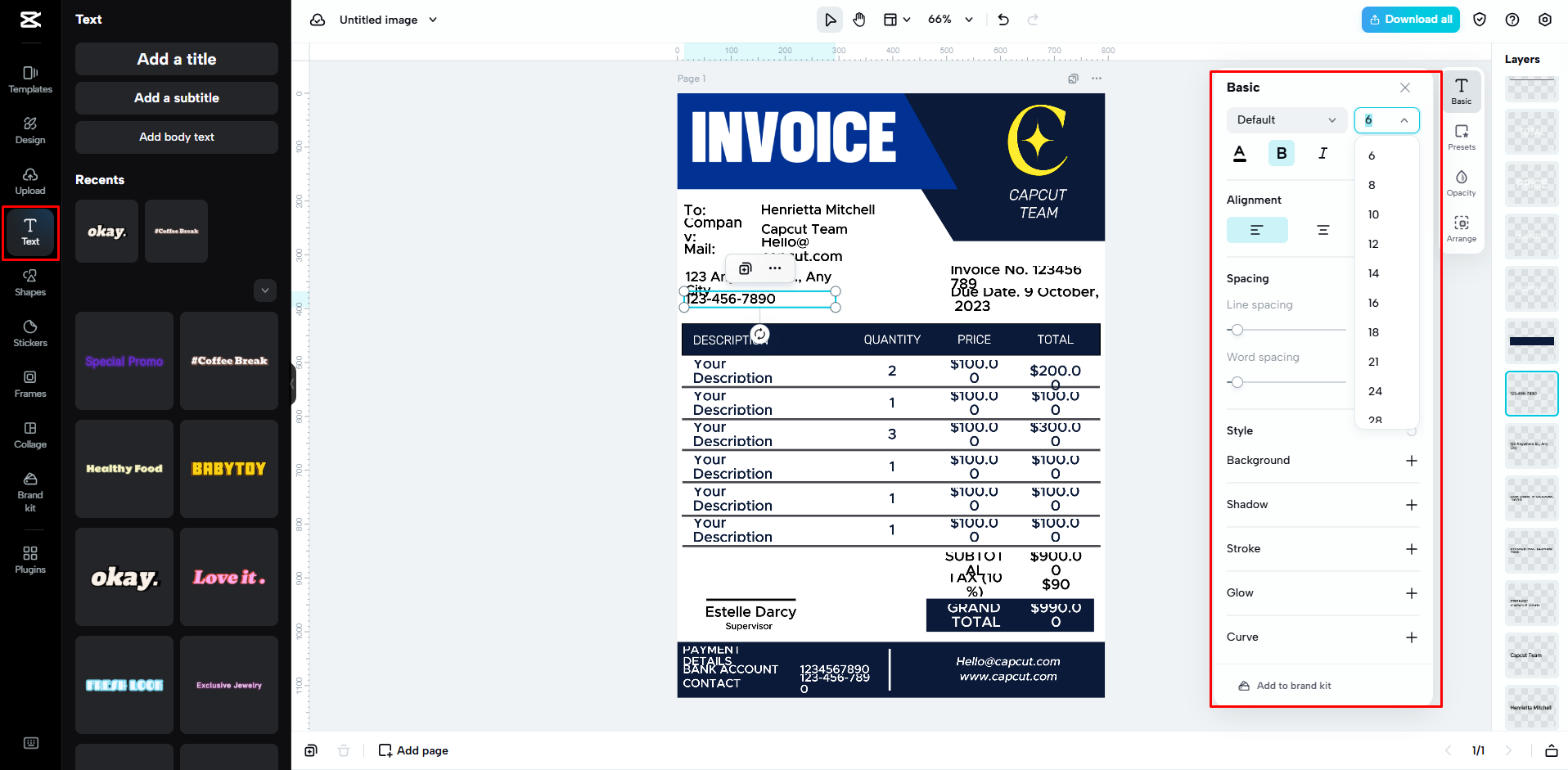 Customizing the invoice templates with CapCut Web
