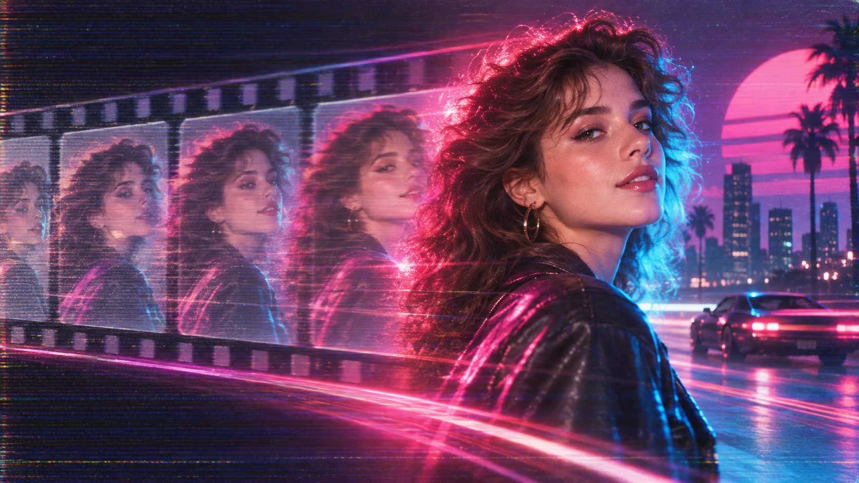 A portrait moving through neon 1980s lighting and analog VHS texture