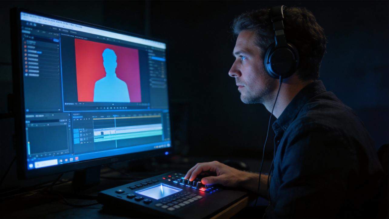 Video editor wearing headphones adjusts background removal on a monitor