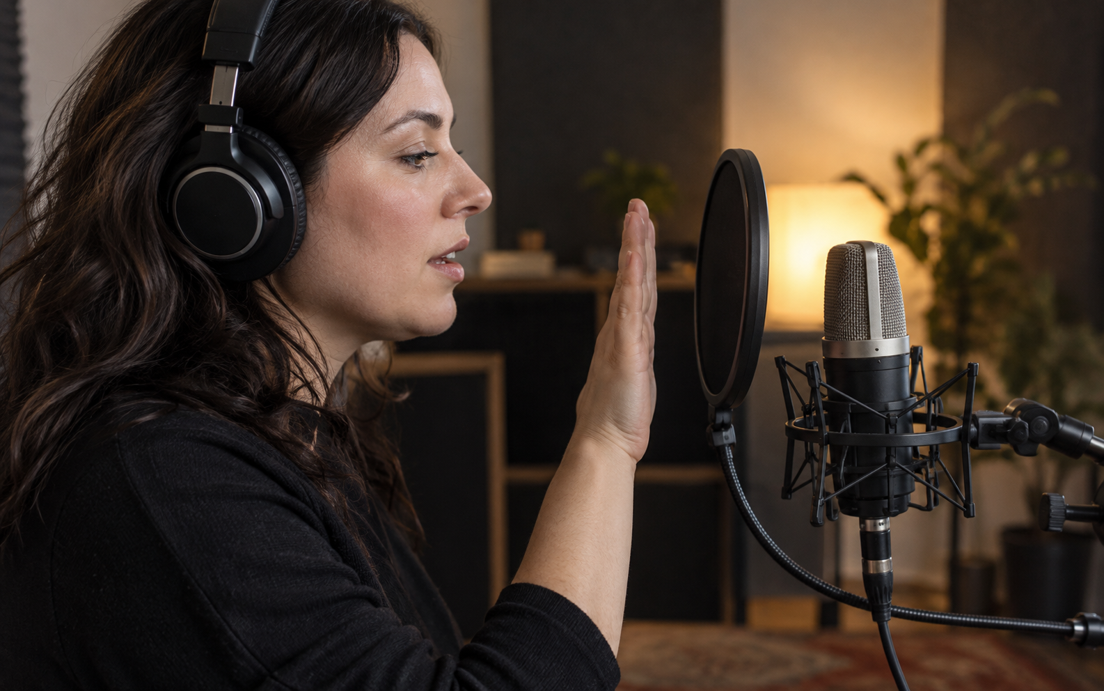 An adult woman adjusting the distance between her face and a microphone using her open hand as a rough spacing reference, side-on studio view.