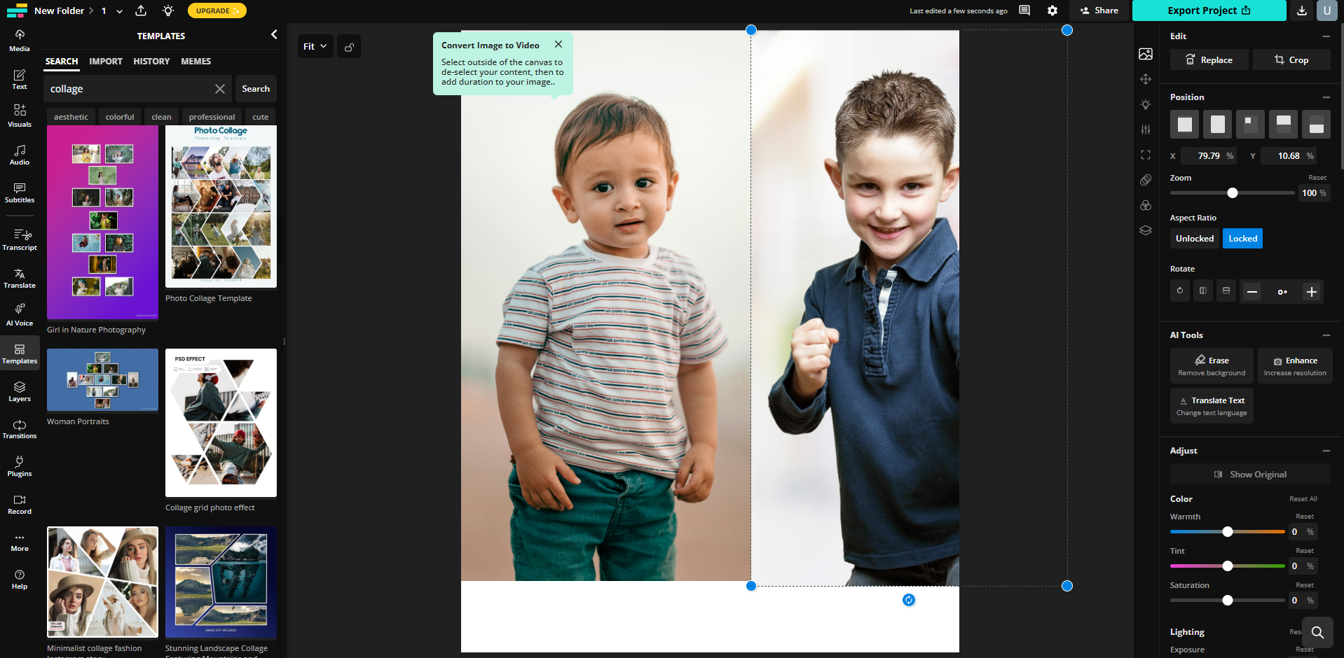 Interface of Kapwing - an easy to use photo combine editor