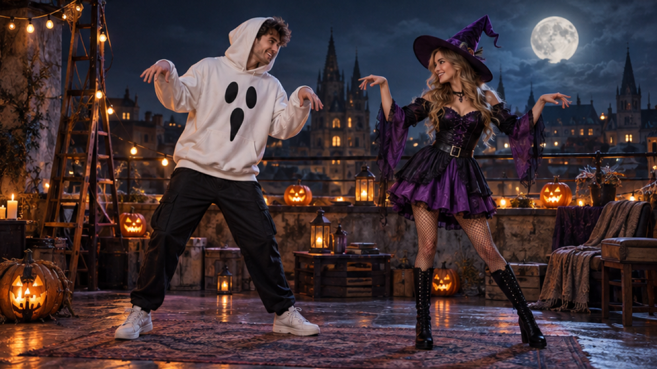 Two fictional adult performers, one in a pale ghost hoodie and one in a purple witch costume, rooftop stage, pumpkin lamps and moonlight
