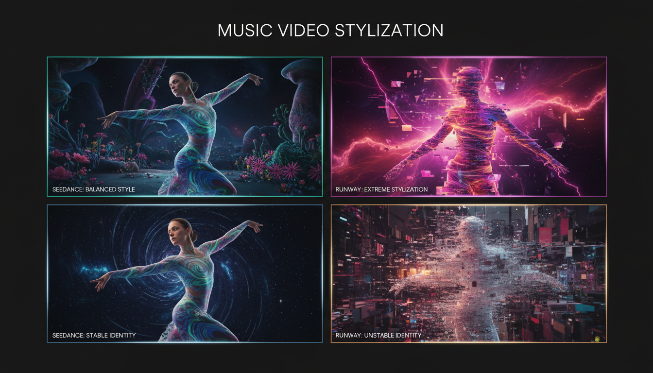 Video musicale stilizzato side-by-side: Seedance identità stabile; Runway stilizzazione più pesante con meno stabilità.
